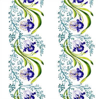 Mavi iris botanik çiçek. Vahşi bahar yaprak izole. Suluboya resim kümesi. Suluboya çizim moda aquarelle. Sorunsuz arka plan deseni. Kumaş duvar kağıdı yazdırma doku.