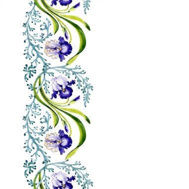 Mavi iris botanik çiçek. Vahşi bahar yaprak izole. Suluboya resim kümesi. Suluboya çizim moda aquarelle. Sorunsuz arka plan deseni. Kumaş duvar kağıdı yazdırma doku.