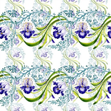 Mavi iris botanik çiçek. Vahşi bahar yaprak izole. Suluboya resim kümesi. Suluboya çizim moda aquarelle. Sorunsuz arka plan deseni. Kumaş duvar kağıdı yazdırma doku.