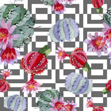 Yeşil ve kırmızı kaktüsler suluboya resim kümesi. Sorunsuz arka plan deseni. Kumaş duvar kağıdı yazdırma doku.