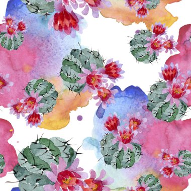Yeşil ve kırmızı kaktüsler suluboya resim kümesi. Sorunsuz arka plan deseni. Kumaş duvar kağıdı yazdırma doku.
