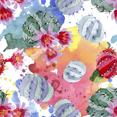 Yeşil ve kırmızı kaktüsler suluboya resim kümesi. Sorunsuz arka plan deseni. Kumaş duvar kağıdı yazdırma doku.