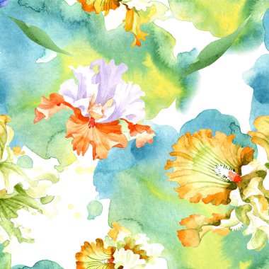 Turuncu beyaz Iris botanik çiçek. Vahşi bahar yaprak izole. Suluboya resim kümesi. Suluboya çizim moda aquarelle. Sorunsuz arka plan deseni. Kumaş duvar kağıdı yazdırma doku.