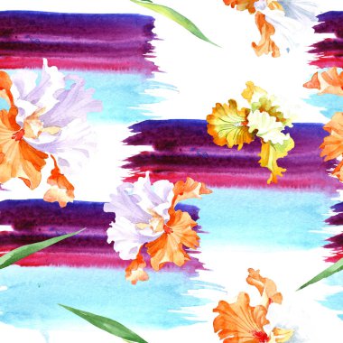Turuncu beyaz Iris botanik çiçek. Vahşi bahar yaprak izole. Suluboya resim kümesi. Suluboya çizim moda aquarelle. Sorunsuz arka plan deseni. Kumaş duvar kağıdı yazdırma doku.