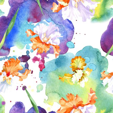 Turuncu beyaz Iris botanik çiçek. Vahşi bahar yaprak izole. Suluboya resim kümesi. Suluboya çizim moda aquarelle. Sorunsuz arka plan deseni. Kumaş duvar kağıdı yazdırma doku.
