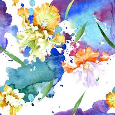 Turuncu beyaz Iris botanik çiçek. Vahşi bahar yaprak izole. Suluboya resim kümesi. Suluboya çizim moda aquarelle. Sorunsuz arka plan deseni. Kumaş duvar kağıdı yazdırma doku.
