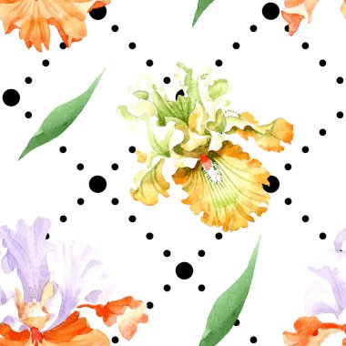 Turuncu beyaz Iris botanik çiçek. Vahşi bahar yaprak izole. Suluboya resim kümesi. Suluboya çizim moda aquarelle. Sorunsuz arka plan deseni. Kumaş duvar kağıdı yazdırma doku.