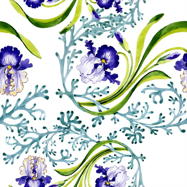 蓝色虹膜花卉植物学花 被隔绝的狂放的春天叶子 水彩插图集 水彩画时尚水彩画 无缝的背景模式 织物壁纸打印纹理 — 图库照片