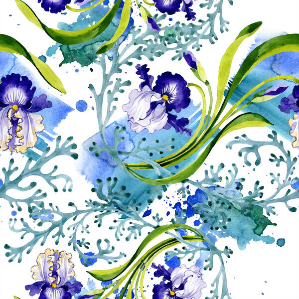 Blue iris floral botanical flower. Wild spring leaf isolated. Watercolor illustration set. Watercolour drawing fashion aquarelle. Seamless background pattern. Fabric wallpaper print texture.