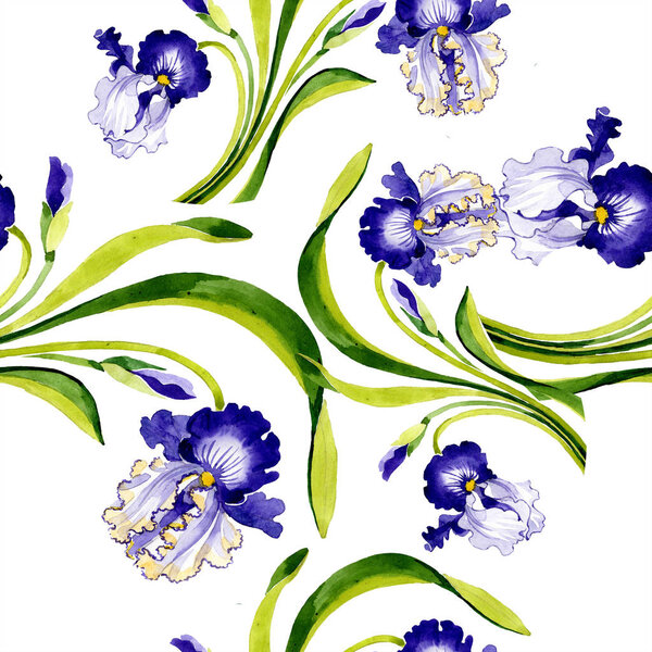 Blue iris floral botanical flower. Wild spring leaf isolated. Watercolor illustration set. Watercolour drawing fashion aquarelle. Seamless background pattern. Fabric wallpaper print texture.