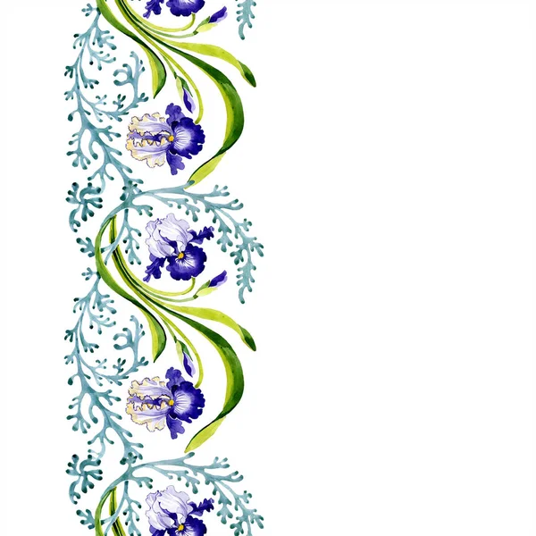 蓝色虹膜花卉植物学花 被隔绝的狂放的春天叶子 水彩插图集 水彩画时尚水彩画 无缝的背景模式 织物壁纸打印纹理 — 图库照片
