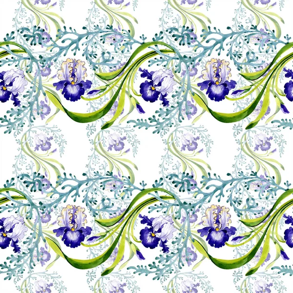 ブルー アイリスの花植物花 野生春葉が分離されました 水彩イラスト セット 水彩描画ファッション Aquarelle シームレスな背景パターン 壁紙印刷手触りの生地 — ストック写真
