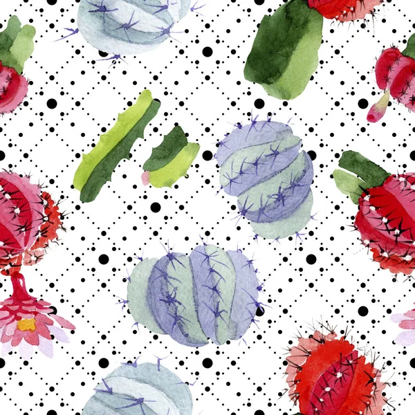 Green Red Cacti Watercolor Illustration Set Seamless Background Pattern Fabric — Stock Photo, Image