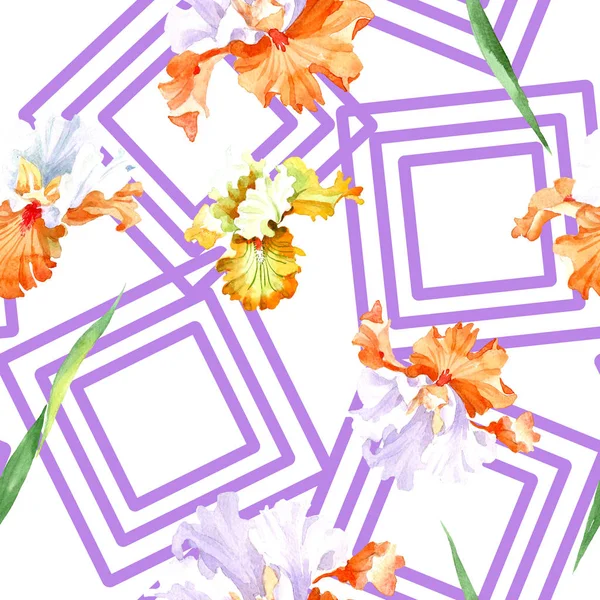 橙色白色虹膜花卉植物花 被隔绝的狂放的春天叶子 水彩插图集 水彩画时尚水彩画 无缝的背景模式 织物壁纸打印纹理 — 图库照片
