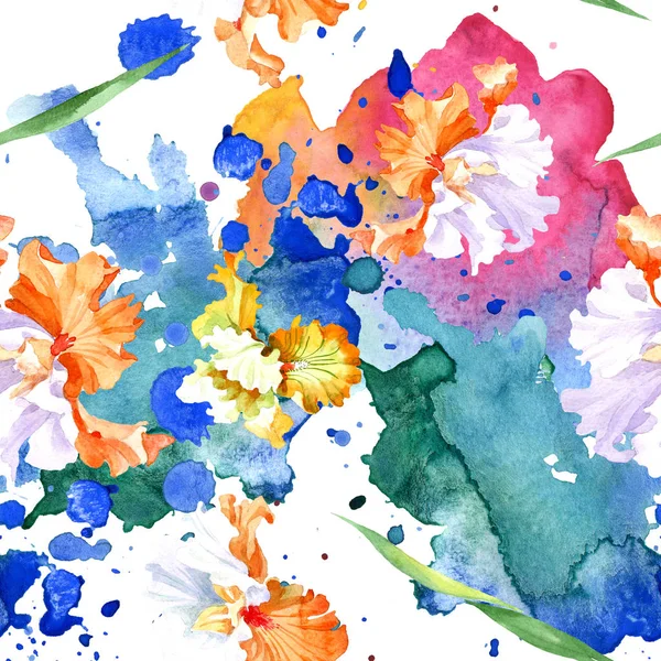 橙色白色虹膜花卉植物花 被隔绝的狂放的春天叶子 水彩插图集 水彩画时尚水彩画 无缝的背景模式 织物壁纸打印纹理 — 图库照片