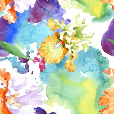 Turuncu beyaz Iris botanik çiçek. Vahşi bahar yaprak izole. Suluboya resim kümesi. Suluboya çizim moda aquarelle. Sorunsuz arka plan deseni. Kumaş duvar kağıdı yazdırma doku.