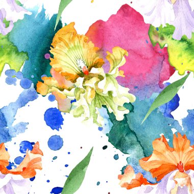 Turuncu beyaz Iris botanik çiçek. Vahşi bahar yaprak izole. Suluboya resim kümesi. Suluboya çizim moda aquarelle. Sorunsuz arka plan deseni. Kumaş duvar kağıdı yazdırma doku.