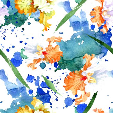 Turuncu beyaz Iris botanik çiçek. Vahşi bahar yaprak izole. Suluboya resim kümesi. Suluboya çizim moda aquarelle. Sorunsuz arka plan deseni. Kumaş duvar kağıdı yazdırma doku.