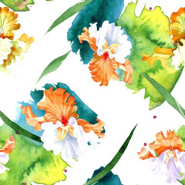 Turuncu beyaz Iris botanik çiçek. Vahşi bahar yaprak izole. Suluboya resim kümesi. Suluboya çizim moda aquarelle. Sorunsuz arka plan deseni. Kumaş duvar kağıdı yazdırma doku.