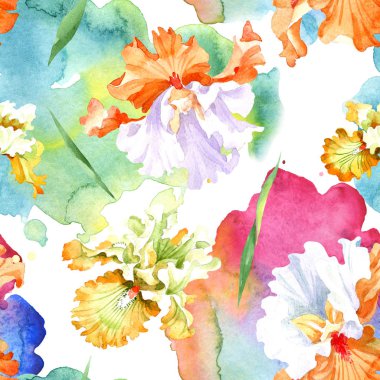 Turuncu beyaz Iris botanik çiçek. Vahşi bahar yaprak izole. Suluboya resim kümesi. Suluboya çizim moda aquarelle. Sorunsuz arka plan deseni. Kumaş duvar kağıdı yazdırma doku.