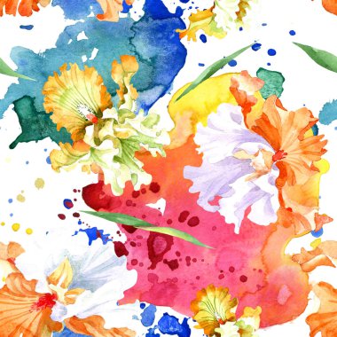 Turuncu beyaz Iris botanik çiçek. Vahşi bahar yaprak izole. Suluboya resim kümesi. Suluboya çizim moda aquarelle. Sorunsuz arka plan deseni. Kumaş duvar kağıdı yazdırma doku.