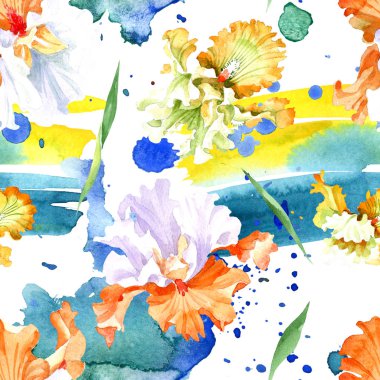 Turuncu beyaz Iris botanik çiçek. Vahşi bahar yaprak izole. Suluboya resim kümesi. Suluboya çizim moda aquarelle. Sorunsuz arka plan deseni. Kumaş duvar kağıdı yazdırma doku.
