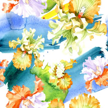 Turuncu beyaz Iris botanik çiçek. Vahşi bahar yaprak izole. Suluboya resim kümesi. Suluboya çizim moda aquarelle. Sorunsuz arka plan deseni. Kumaş duvar kağıdı yazdırma doku.