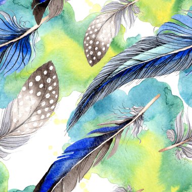 Suluboya mavi ve siyah kuş tüyü Wing. Arka plan, doku, sarıcı desen Aquarelle tüy. Suluboya moda dikişsiz arka plan desen çizimi. Kumaş duvar kağıdı yazdırma doku.