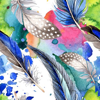 Suluboya mavi ve siyah kuş tüyü Wing. Arka plan, doku, sarıcı desen Aquarelle tüy. Suluboya moda dikişsiz arka plan desen çizimi. Kumaş duvar kağıdı yazdırma doku.