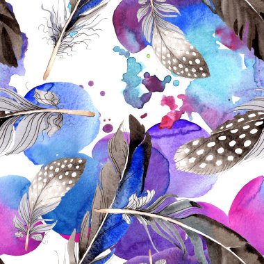 Suluboya mavi ve siyah kuş tüyü Wing. Arka plan, doku, sarıcı desen Aquarelle tüy. Suluboya moda dikişsiz arka plan desen çizimi. Kumaş duvar kağıdı yazdırma doku.