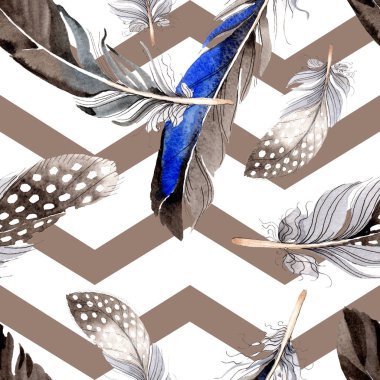 Suluboya mavi ve siyah kuş tüyü Wing. Arka plan, doku, sarıcı desen Aquarelle tüy. Suluboya moda dikişsiz arka plan desen çizimi. Kumaş duvar kağıdı yazdırma doku.