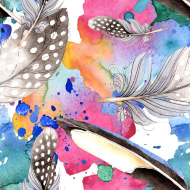 Suluboya mavi ve siyah kuş tüyü Wing. Arka plan, doku, sarıcı desen Aquarelle tüy. Suluboya moda dikişsiz arka plan desen çizimi. Kumaş duvar kağıdı yazdırma doku.