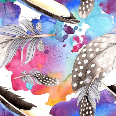 Suluboya mavi ve siyah kuş tüyü Wing. Arka plan, doku, sarıcı desen Aquarelle tüy. Suluboya moda dikişsiz arka plan desen çizimi. Kumaş duvar kağıdı yazdırma doku.