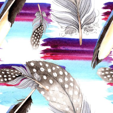 Suluboya mavi ve siyah kuş tüyü Wing. Arka plan, doku, sarıcı desen Aquarelle tüy. Suluboya moda dikişsiz arka plan desen çizimi. Kumaş duvar kağıdı yazdırma doku.