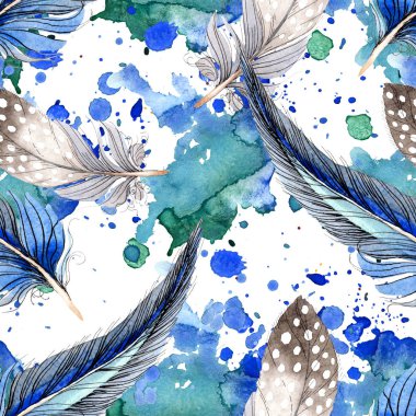 Suluboya mavi ve siyah kuş tüyü Wing. Arka plan, doku, sarıcı desen Aquarelle tüy. Suluboya moda dikişsiz arka plan desen çizimi. Kumaş duvar kağıdı yazdırma doku.