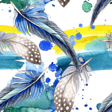 Suluboya mavi ve siyah kuş tüyü Wing. Arka plan, doku, sarıcı desen Aquarelle tüy. Suluboya moda dikişsiz arka plan desen çizimi. Kumaş duvar kağıdı yazdırma doku.