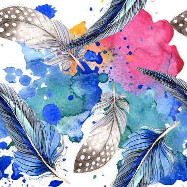 Suluboya mavi ve siyah kuş tüyü Wing. Arka plan, doku, sarıcı desen Aquarelle tüy. Suluboya moda dikişsiz arka plan desen çizimi. Kumaş duvar kağıdı yazdırma doku.