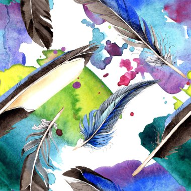 Suluboya mavi ve siyah kuş tüyü Wing. Arka plan, doku, sarıcı desen Aquarelle tüy. Suluboya moda dikişsiz arka plan desen çizimi. Kumaş duvar kağıdı yazdırma doku.