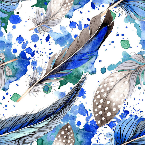 Watercolor blue and black bird feather from wing. Aquarelle feather for background, texture, wrapper pattern. Watercolour drawing fashion seamless background pattern. Fabric wallpaper print texture.