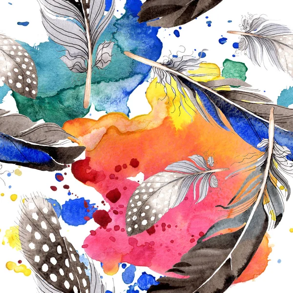 Akvarelu Modrý Černý Ptačí Pírko Křídla Aquarelle Peří Pro Pozadí — Stock fotografie