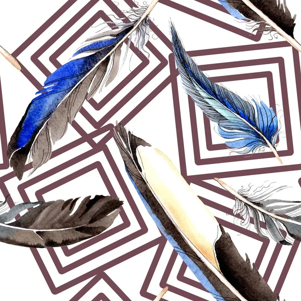 Aquarell Blaue Und Schwarze Vogelfeder Vom Flügel Aquarellfeder Für Hintergrund — Stockfoto