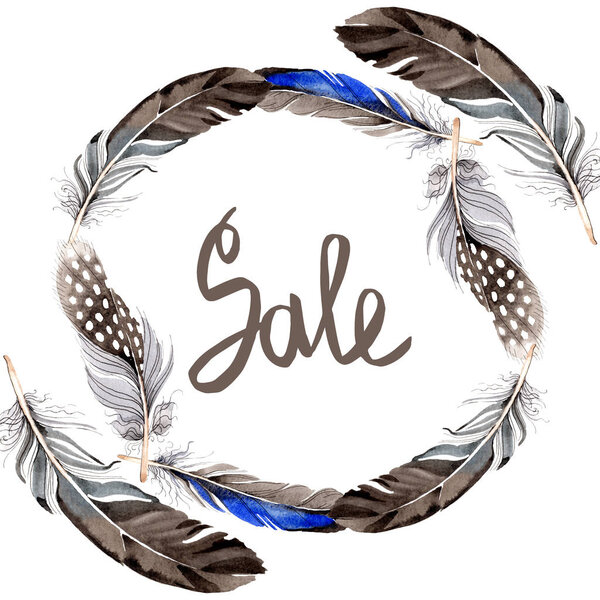 Акварель голубое и черное птичье перо из крыла изолированы. Перо Aquarelle для фона, рамки или границы. Акварель акварель акварель изолирована. Граничный орнамент
.