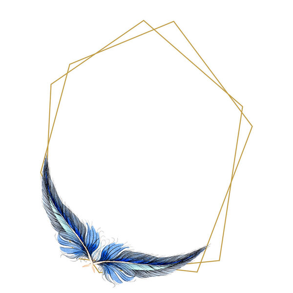 Watercolor blue and black bird feather from wing isolated. Aquarelle feather for background, frame or border. Watercolour drawing fashion aquarelle isolated. Frame border ornament square.