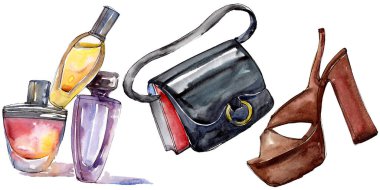 Parfüm, çanta ve ayakkabı moda glamour çizimde bir suluboya stil izole öğesi kroki. Giyim aksesuarları trendy moda kıyafet ayarlayın. Suluboya arka plan illüstrasyon seti.