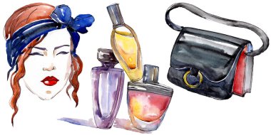 Kız, parfüm ve çanta moda glamour çizimde bir suluboya stil izole öğesi kroki. Giyim aksesuarları trendy moda kıyafet ayarlayın. Suluboya arka plan illüstrasyon seti.