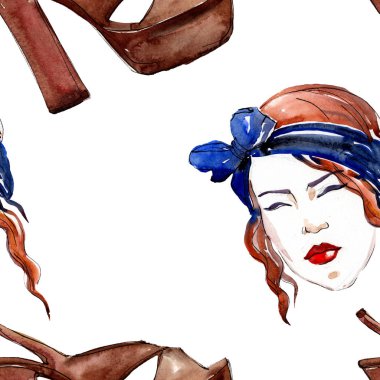 Moda kroki moda glamour çizimde bir suluboya stil öğesi. Giyim aksesuarları trendy moda kıyafet ayarlayın. Suluboya sorunsuz arka plan deseni ayarlayın. Kumaş duvar kağıdı yazdırma doku.