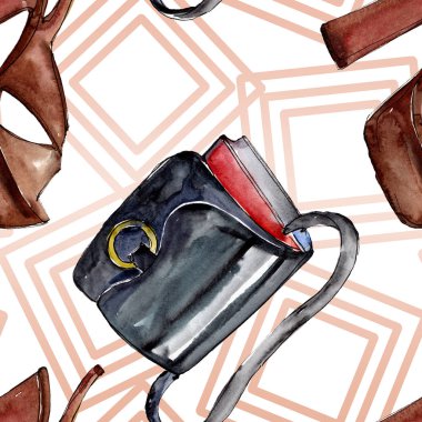 Moda kroki moda glamour çizimde bir suluboya stil öğesi. Giyim aksesuarları trendy moda kıyafet ayarlayın. Suluboya sorunsuz arka plan deseni ayarlayın. Kumaş duvar kağıdı yazdırma doku.