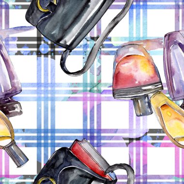 Moda kroki moda glamour çizimde bir suluboya stil öğesi. Giyim aksesuarları trendy moda kıyafet ayarlayın. Suluboya sorunsuz arka plan deseni ayarlayın. Kumaş duvar kağıdı yazdırma doku.