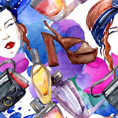 Moda kroki moda glamour çizimde bir suluboya stil öğesi. Giyim aksesuarları trendy moda kıyafet ayarlayın. Suluboya sorunsuz arka plan deseni ayarlayın. Kumaş duvar kağıdı yazdırma doku.
