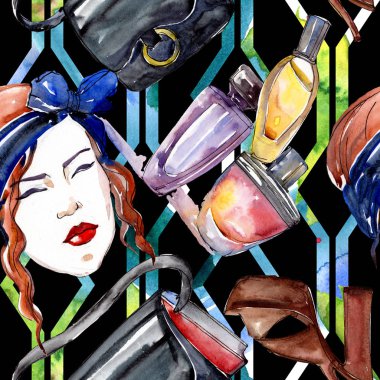 Moda kroki moda glamour çizimde bir suluboya stil öğesi. Giyim aksesuarları trendy moda kıyafet ayarlayın. Suluboya sorunsuz arka plan deseni ayarlayın. Kumaş duvar kağıdı yazdırma doku.